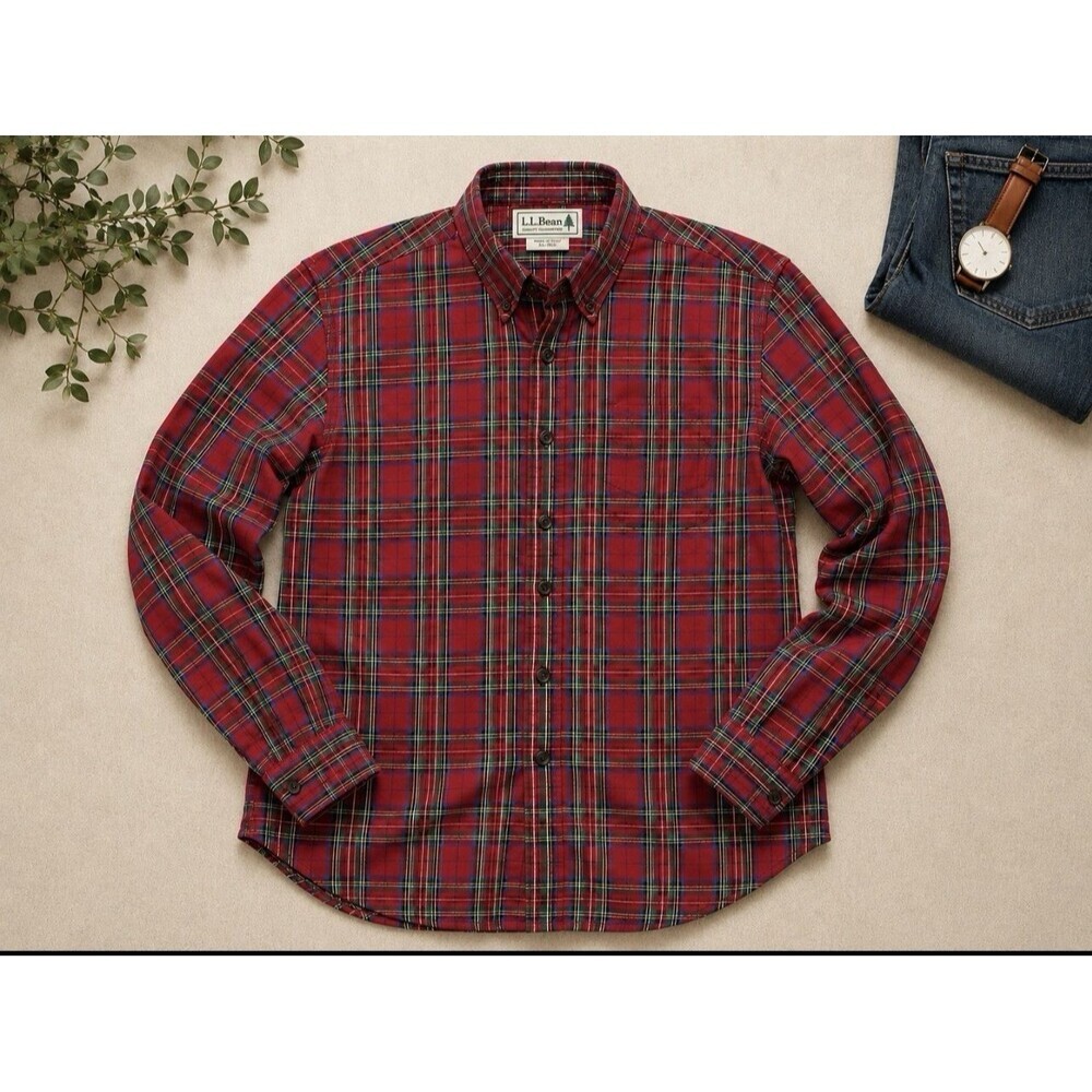 Vintage L.L.Bean Plaid Button Down Shirt XL Red Green Cotton Long Sleeve Outdoor